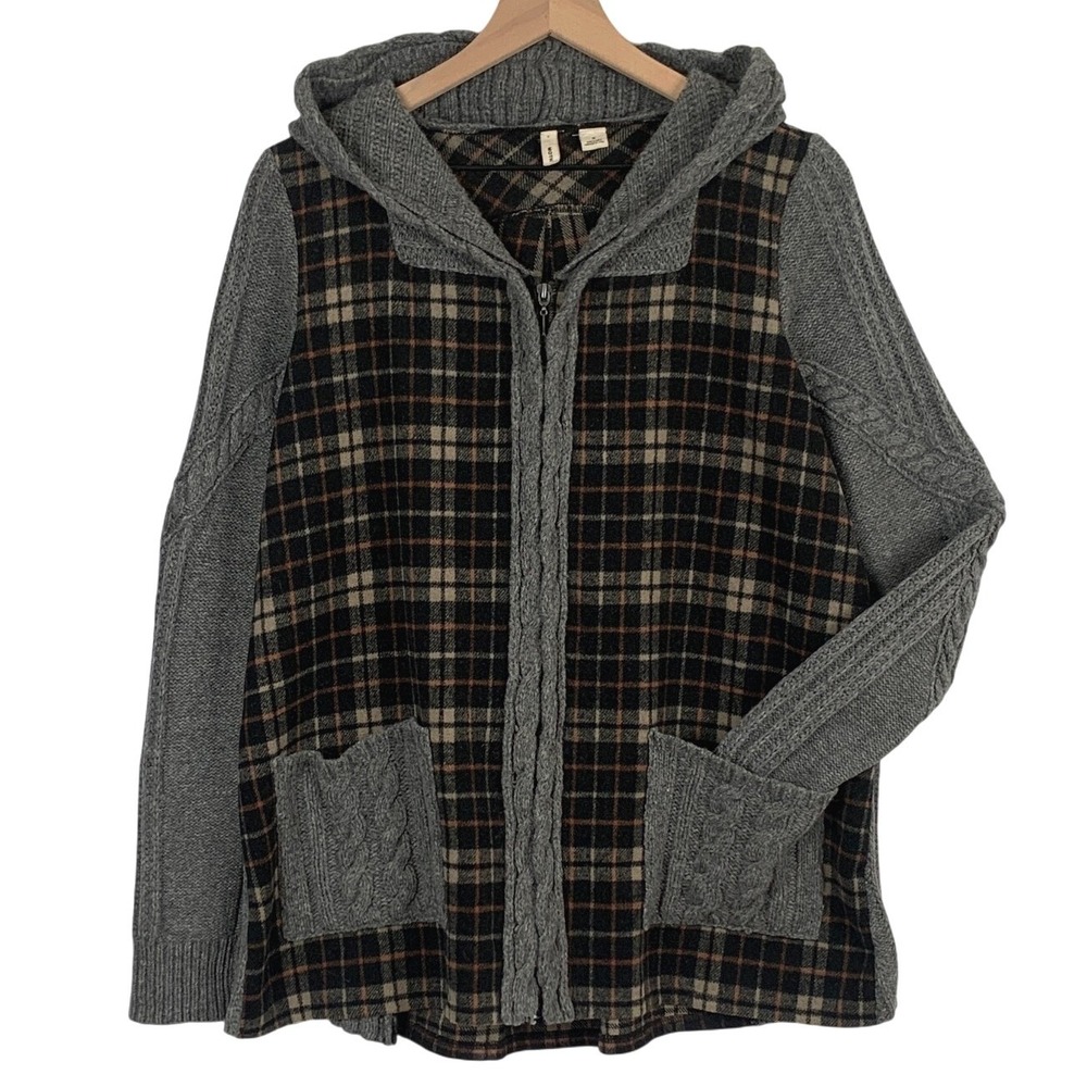 MOTH Anthropologie Mixed Media Plaid Cable Knit Zip Up Hoodie Sweater Sz M Grey